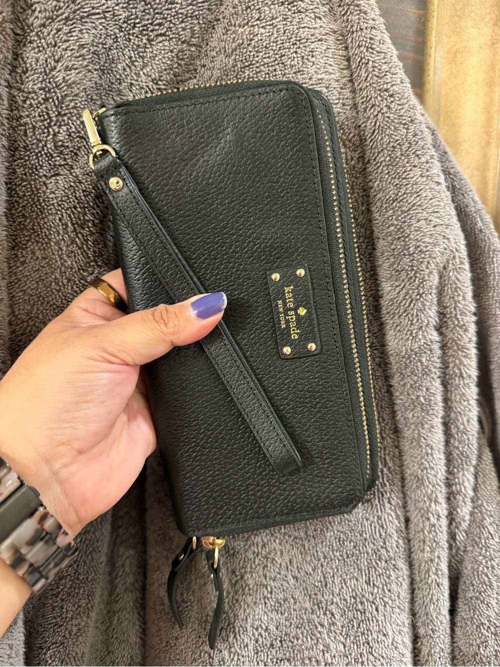 kate spade Black Pebbled Leather Wristlet Clutch with Gold Hardware